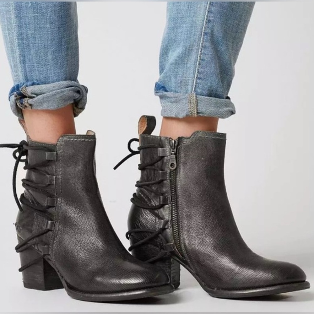Bed Stu Blaire Charcoal Leather Ankle Boots with Lace Detail Size 9.5